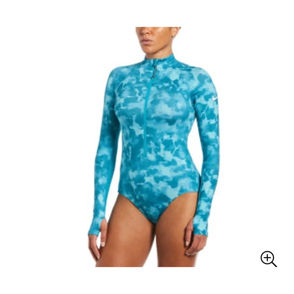 Nike Womens Blue Camo Long Sleeve One Piece Swimsuit Rash Guard L